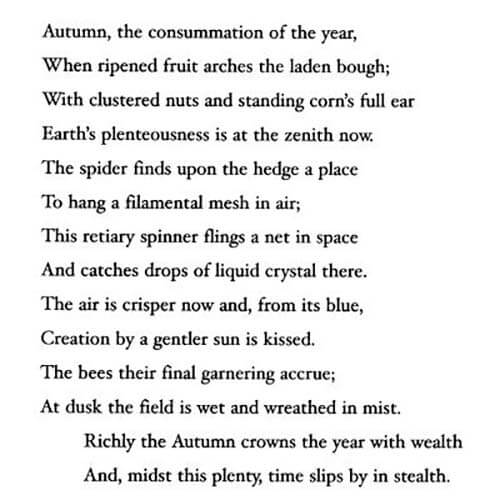 Image of page 17 from the book Sonnets with the following text: 'Autumn, the consummation of the year, When ripened fruit arches the laden bough; ‘With clustered nuts and standing corn’s full ear Earth's plenteousness is at the zenith now. The spider finds upon the hedge a place To hang a filamental mesh in air; This retiary spinner flings a net in space And catches drops of liquid crystal there. The air is crisper now and, from its blue, Creation by a gentler sun is kissed. The bees their final garnering accrue; At dusk the field is wet and wreathed in mist. Richly the Autumn crowns the year with wealth And, midst this plenty, time slips by in stealth.'